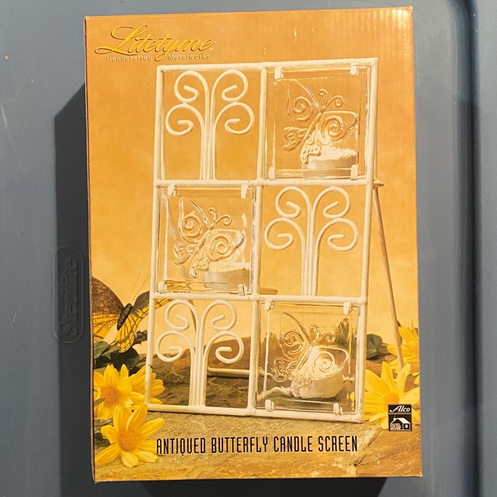Alco antiqued butterfly candle screen, new in box. 2 screens (1 per box)